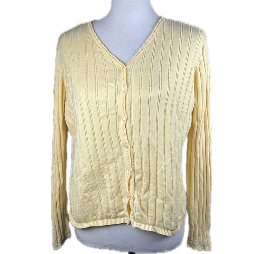 Vtg Laura Scott Butter Yellow Ribbed Cardigan Sweater Sz XL Preppy Cottage Twee